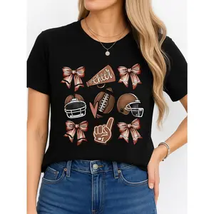 Cheer Football Graphic Tee Black Game Day Outfit Personalized Unisex Women's Top Summer Comfortable Breathable Short Sleeve T Shirt Suitable For Various Outfits Made In Usa
