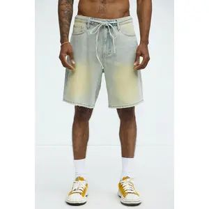 Drawstring Belt Relaxed Denim Shorts - Vintage Blue Wash