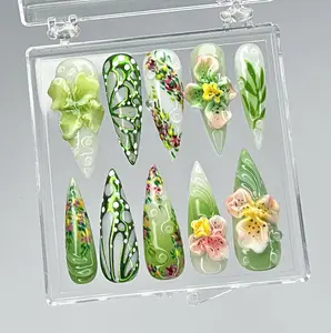 3D Floral Green Press On Nails, Handmade Nature-Inspired Nail Art, Luxury Botanical Press On Nails, Acrylic Nails, Garden-Inspired Fake Nail Flower Design Rhinestone