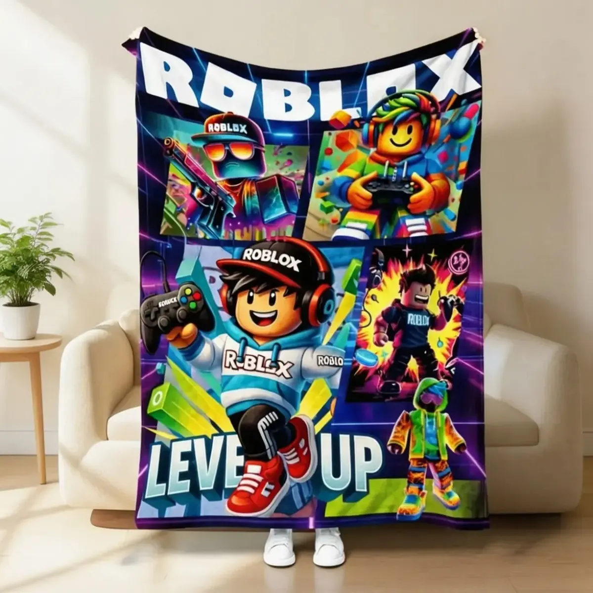 Roblox Anime Style Flannel Blanket Graffiti Street Art Cozy Throw Blanket Soft Warm Gamer Blanket for Bedroom Sofa Travel Aesthetic Gift