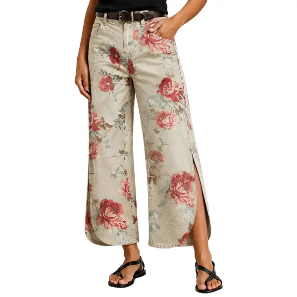 Flamingals Floral Pattern Split Mid Waist Wide Leg Crop Pants Without Belt Womenswear Stretchy 25.4" Inseam