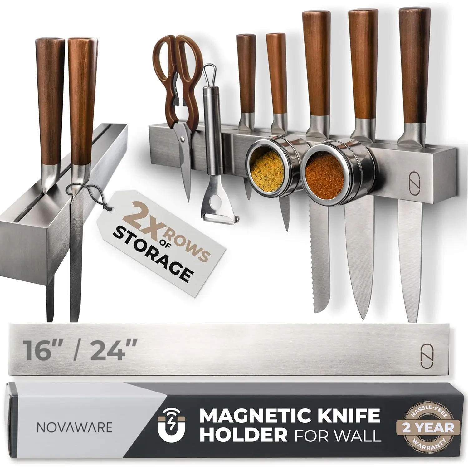 Premium Stainless Steel Magnetic Knife Holder with 2x Storage