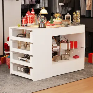 FUFU&GAGA Bedroom Island Wardrobe Closet Island with Glass Tabletop Island Dresser with Display Shelf Closet