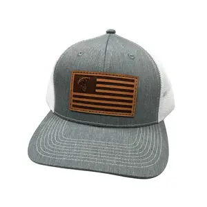 Bass Fishing American Flag Leather Patch Trucker Hat | Gray Snapback Mesh Cap