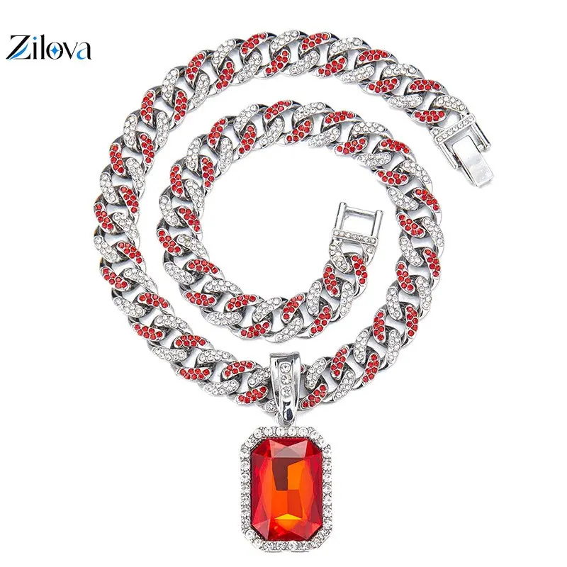European And American Hip-Hop Necklace Set for Men, Fashionable Square Synthetic Gems Necklace Pendant, Personalized Rap Cuban Necklace