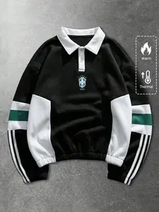 Men's Pullover Pullover Sweatshirt, Autumn/Winter Sports, Athletic Sports Clothing, Brazil Color Scheme Logo Print Contrast Color Patchwork POLO