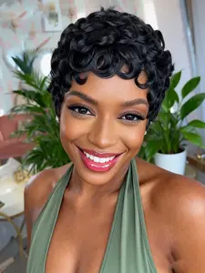 Summer-Ready Layered Pixie Wig for Women, Synthetic Glueless Wig, Soft Black Curly Wig with Bangs Perfect for Everyday Wear, Synthetic Wigs, Pixie Cut Wigs