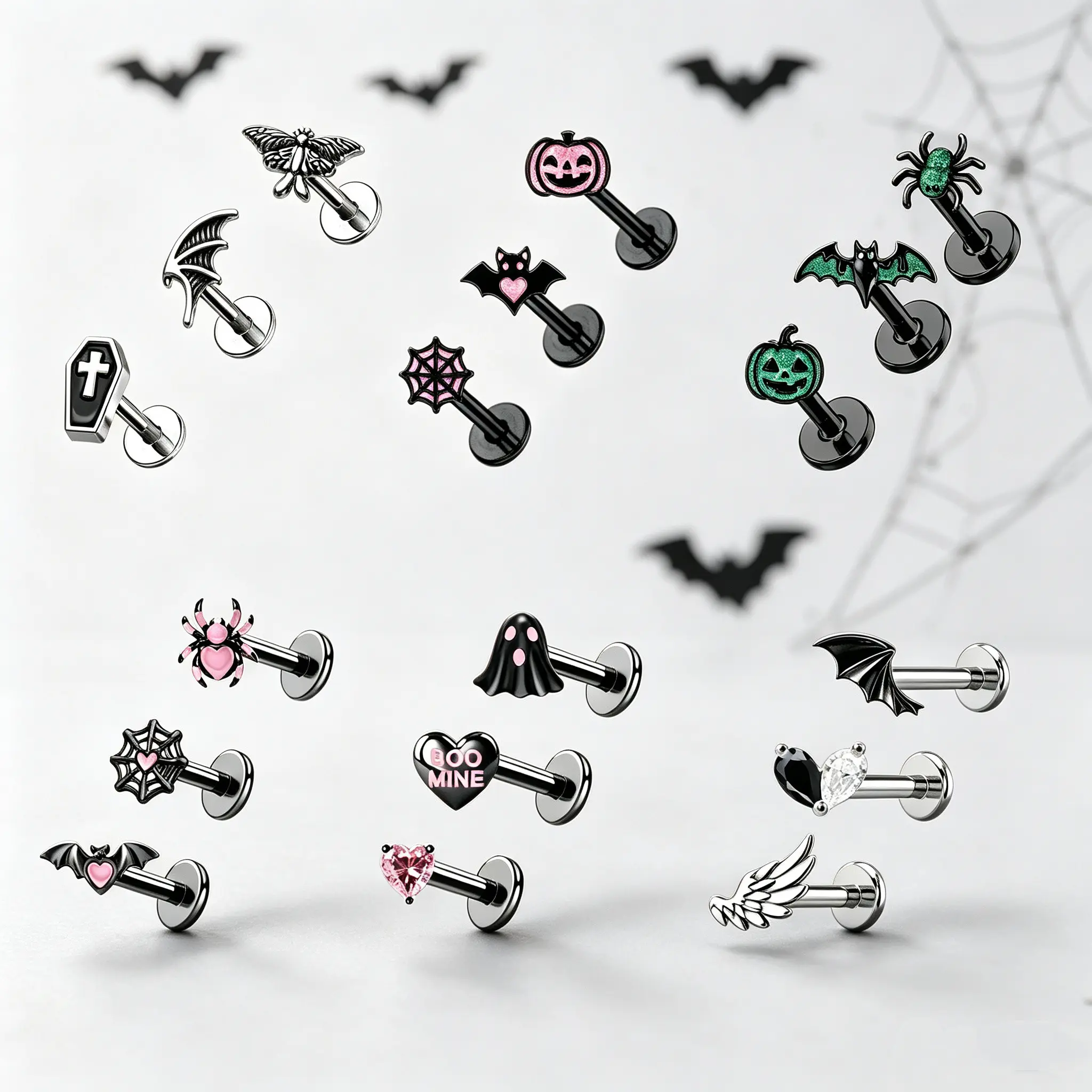 OUFER 3PCS Halloween Stainless Steel Lip Stud Sets, 16G Internally Threaded Body Jewelry for Lobe & Helix Piercings