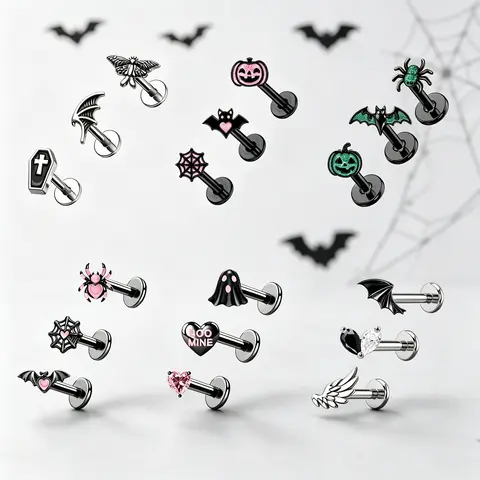OUFER 3PCS 16G Stainless Steel Halloween Spider Flat Back Studs - Internally Threaded Female Body Jewelry, 8mm Bar, for Cartilage Helix Piercing, Ear Piercings, Unique Jewelry Earrings for Women Adults Accessories