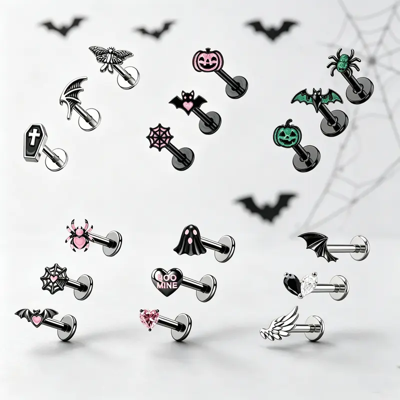OUFER 3PCS 16G Stainless Steel Halloween Spider Flat Back Studs - Internally Threaded Female Body Jewelry, 8mm Bar, for Cartilage Helix Piercing, Ear Piercings, Unique Jewelry Earrings for Women Adults Accessories