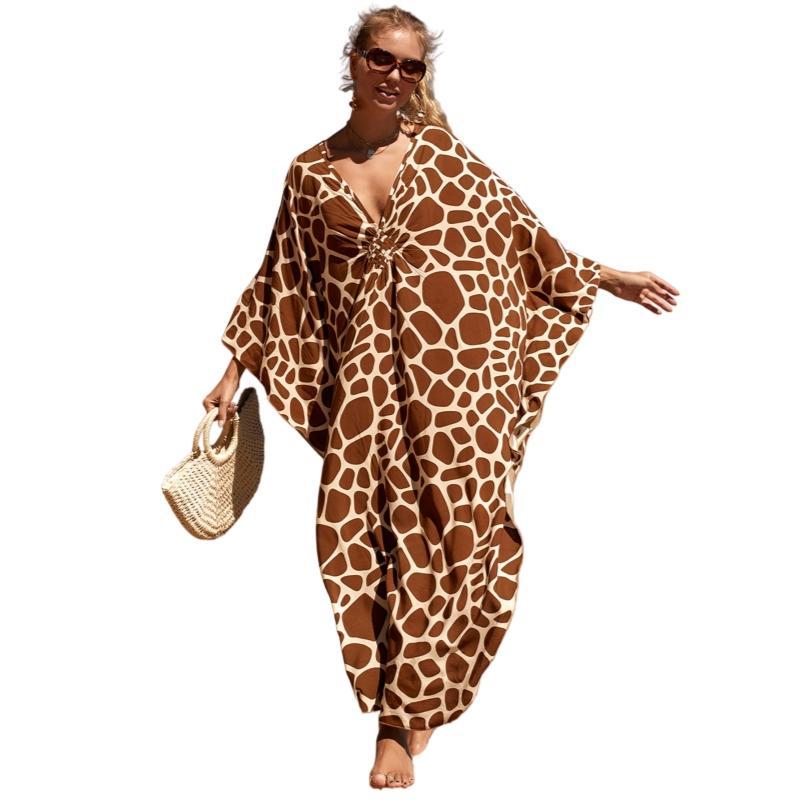 Women's Plus Size Elegant Soft Bohemian Caftan - V-Neck Stone Print Breathable Viscose Beach Cover Up, Ethnic Handmade Flattering Fit, Batwing Sleeve Side Slits Casual Loungewear Dress