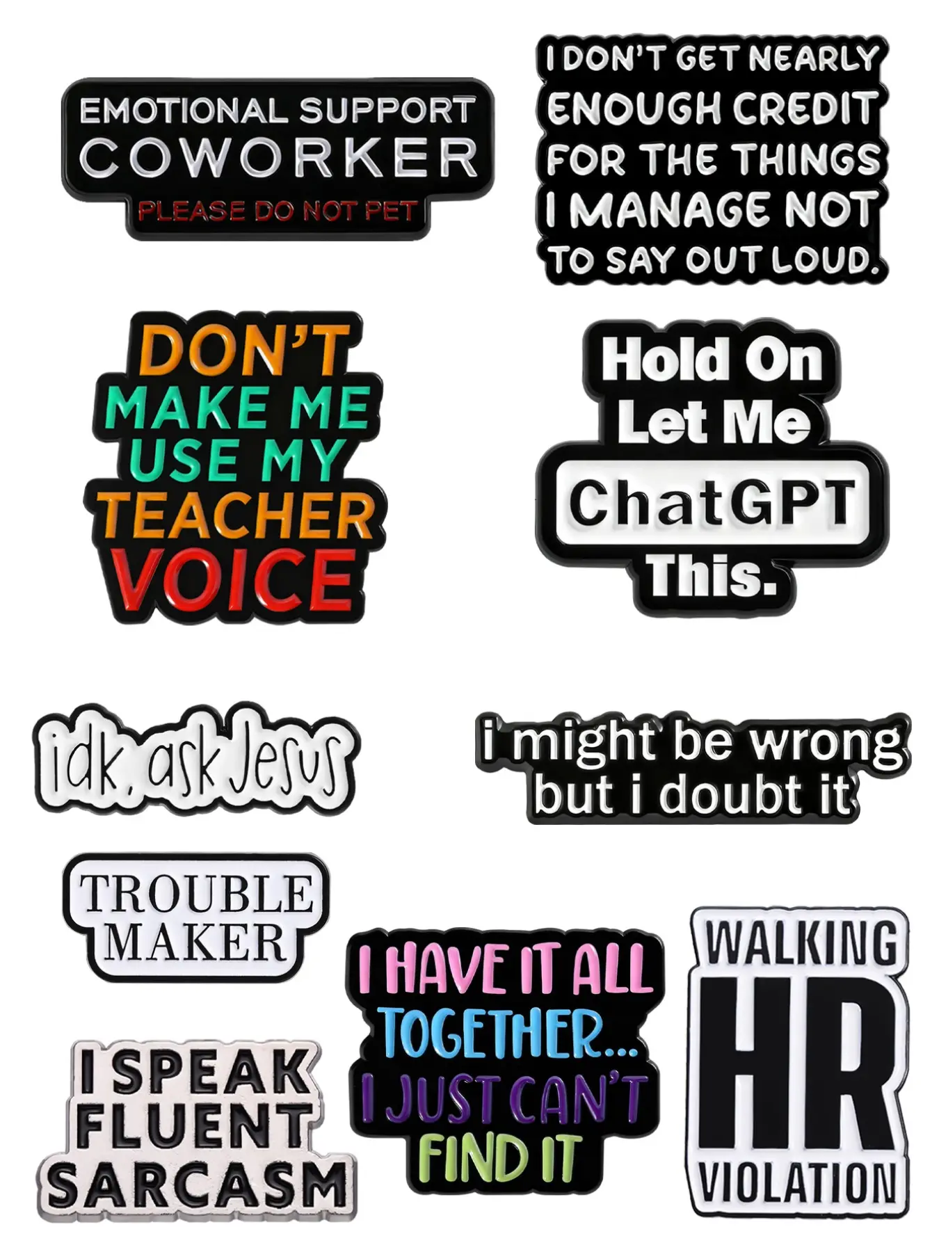 10-Piece Fun Text Badges with Witty Humorous Self-Deprecating Slogans, Multi-Scene Workplace Social Design, Daily Wear for Young People
