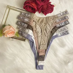 JROZXF 5pcs Rhinestone Letter Low Waist Stretchy Women's Sports Panties Solid Color Drop Waist Thongs V-Strings Lingerie Underwear