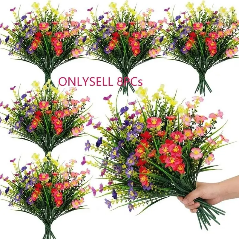8pcs/24pcs Decorative Artificial Flowers, UV-Resistant Plastic Fake Greenery, Indoor Outdoor Garden Decor, Window Shelf Porch Potted Plants, Artificial Flower Set, Artificial Flower Decorations, Faux Flower Decor, Floral Decoration