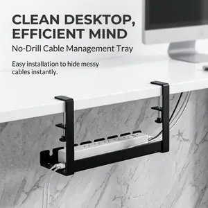 No-drill clip under-desk cable management tray, large-capacity cable organizer, suitable for power outlets and various cable storage.