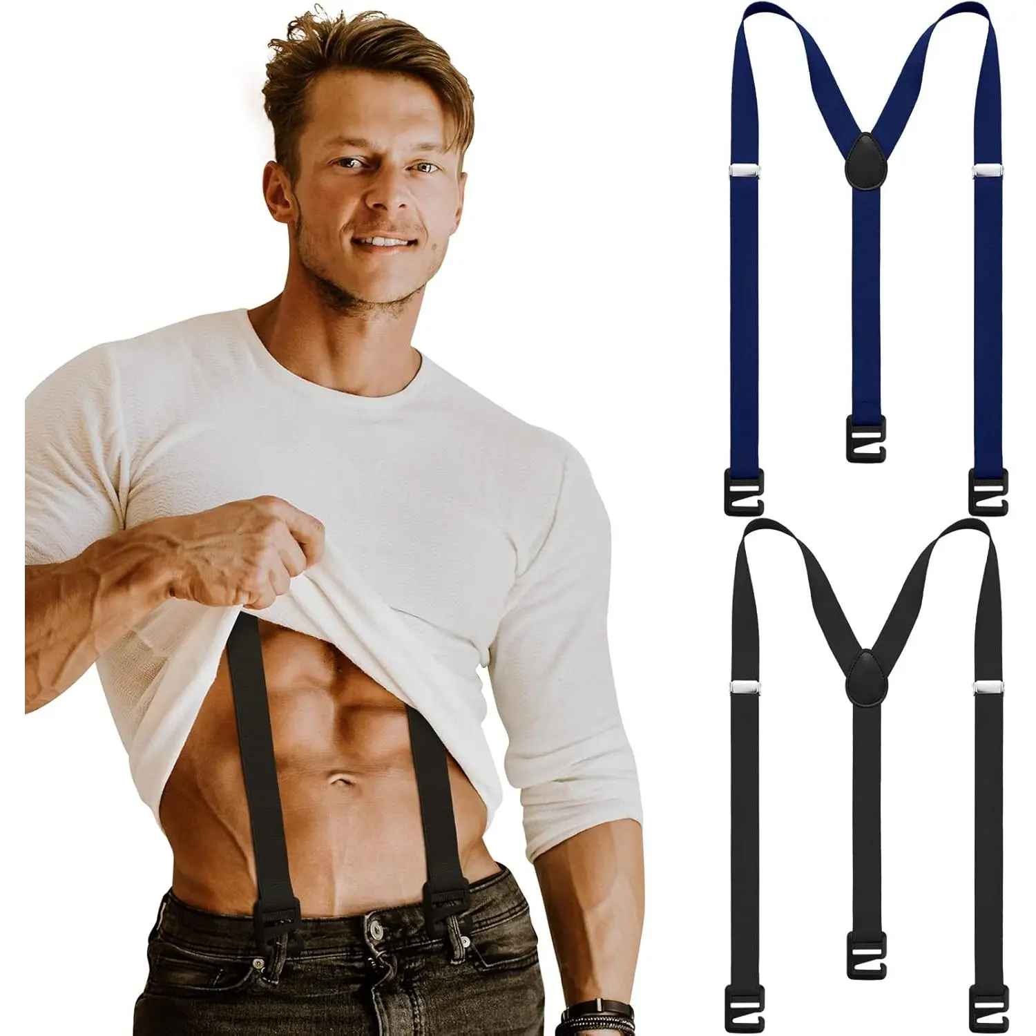 Y-Back Suspenders for Men, 2 Pairs Hidden Polyester Straps with High Elasticity, Adjustable Heavy Duty Buckles for Snowboarding, Skating & Camping, 2.5 Cm Wide, 43 Inches, 43In-Small