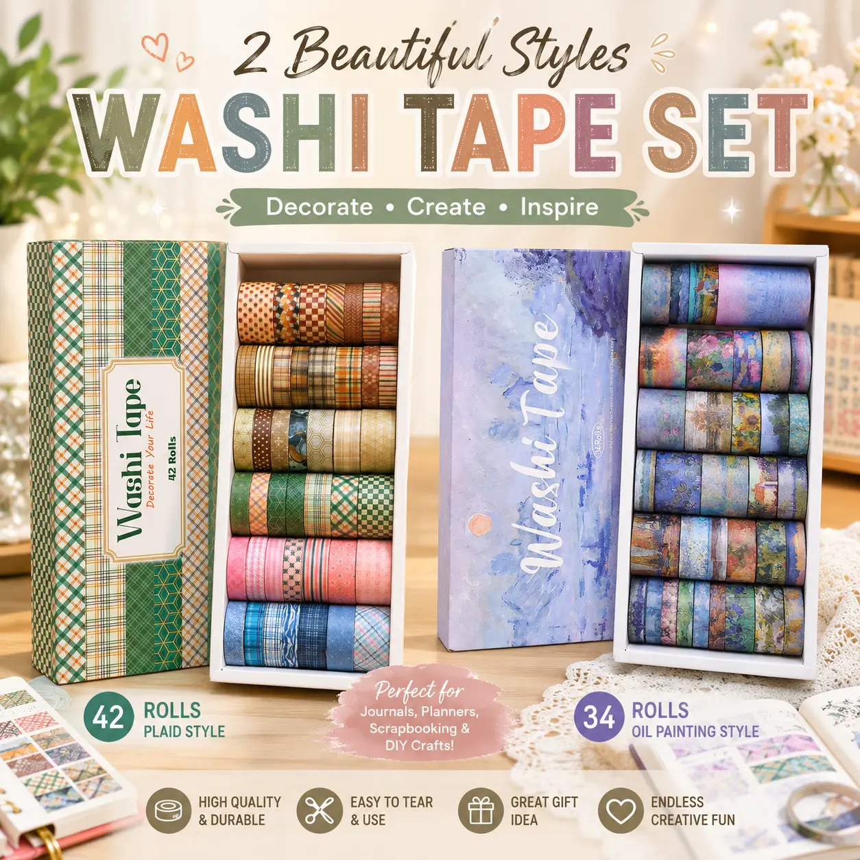 2‑Style Washi Tape Set Plaid 42 Rolls & Oil Painting 34 Rolls Decorative Washi Tape for Journal Scrapbook Junk Journal Planner DIY Craft Collage Notebook Card Gift Wrapping Embellishment