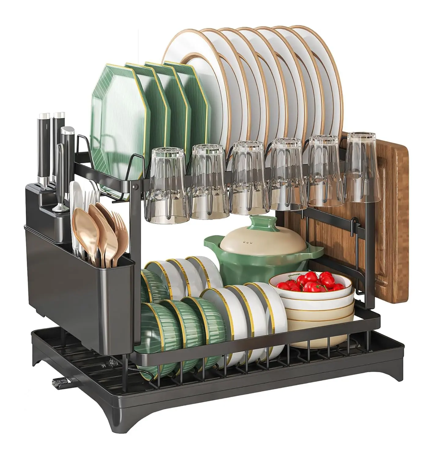Kitchen Utensil Drying Rack with Drainage Tray,Detachable Dish Drainer Organizer with Utensil Holder, 11.8 Inches Deep × 16.5 Inches Wide Tray for Versatile Storage. Cup Organiser,Kitchen Organization and Storage