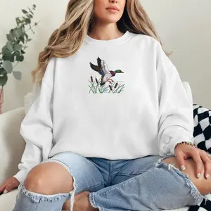 Embroidered Mallard Duck Sweatshirt, Elegant Marshland Nature Embroidery Tee, Classic Flying Duck Aesthetic Apparel, Premium Soft Graphic Sweatshirt
