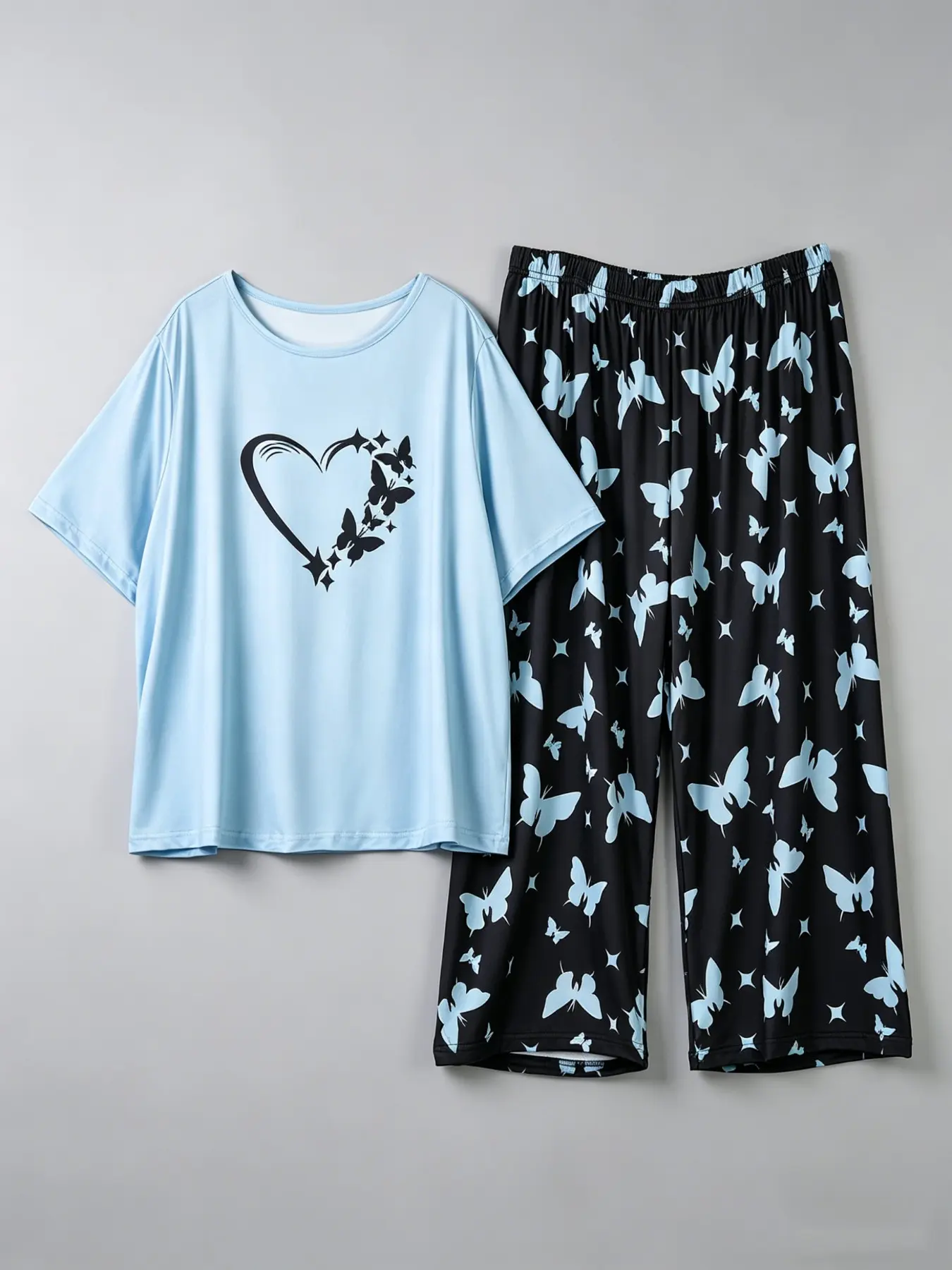 Women's Plus Size Pajama Set, Nightwear, Pjs, Loungewear, Casual Loose-Fitting Short Sleeve Top & Seven-Quarter Pants, Butterfly Print, All Seasons Home Wear