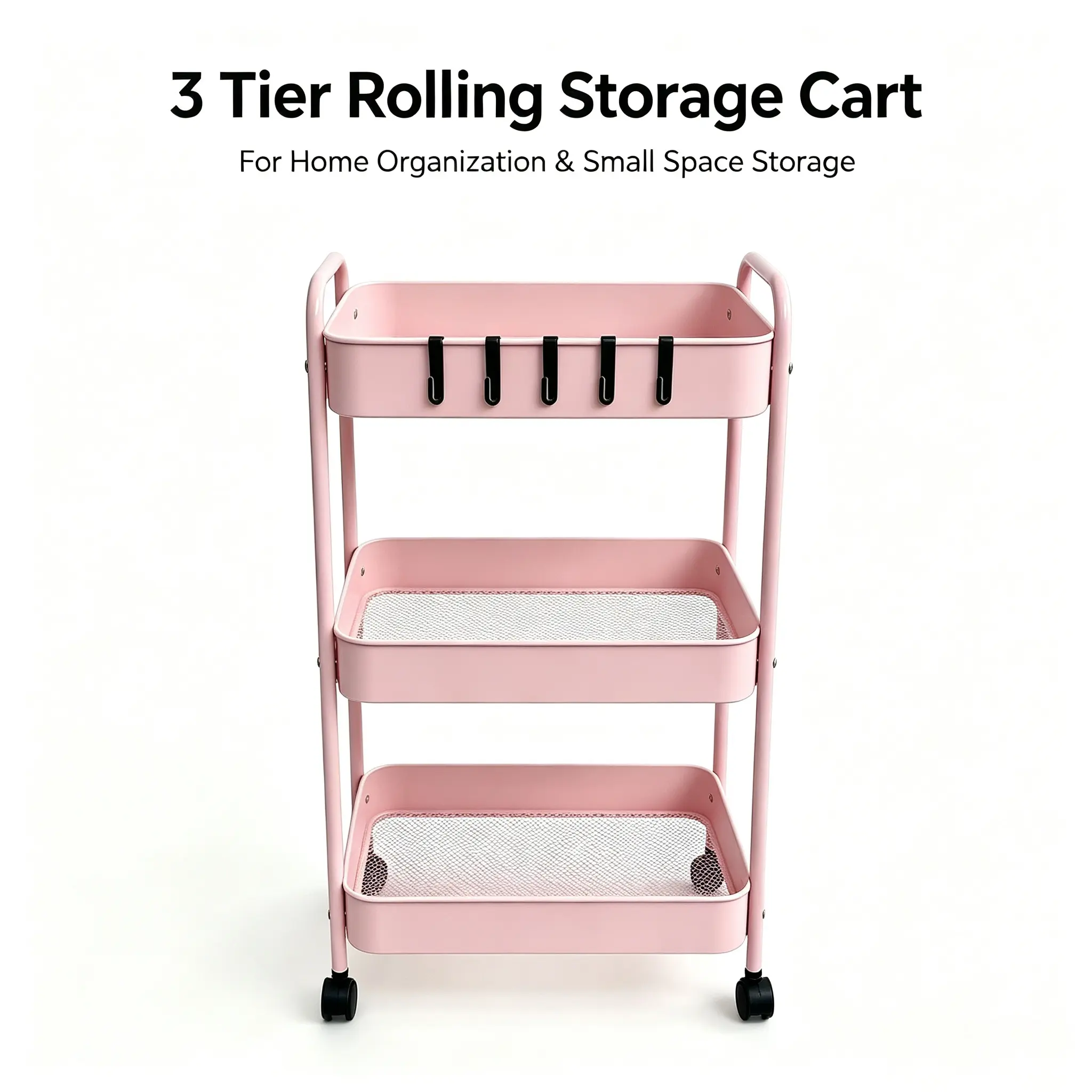 Pink 3-Tier Lightweight Metal Mesh Rolling Utility Cart - Minimalist Storage Organization Rack with Dual Side Handles, Lockable Wheels, for Office Room Storage, Makeup Vanity, Racks, Organizer Storage