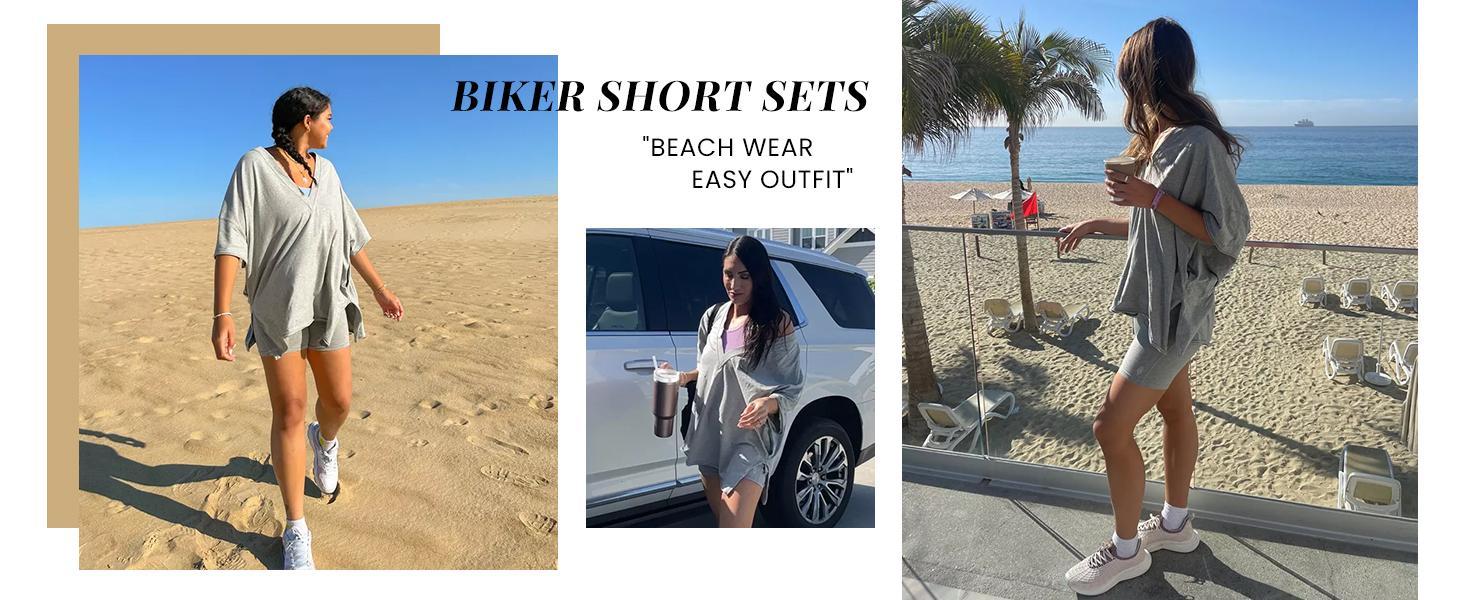 SCUSTY Women's Two Piece set Oversized Plus Size V Neck T Shirt With Pockets Biker Short Summer Outfits Hot Shot Reversible Sets Maternity Friendly