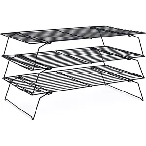 Rack for Baking 3 Tiers, 16" x 10" Cookie Cooling Wire Rack Stackable Collapsible Nonstick, Stainless Steel Baking Cooking Cooling Racks with Optimum Air Flow, Black