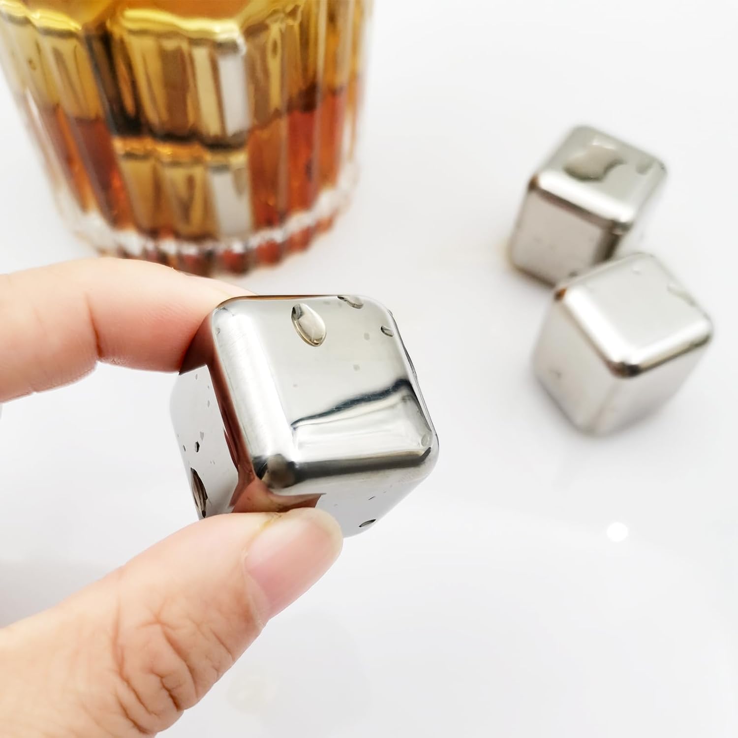 Stainless Steel Ice Cubes, Reusable Ice Cubes, With Tongs Household Items, Stainless Steel Refrigerated Ice Cubes, Perfect Birthday Christmas Father’s Day Gifts (6/8pcs)