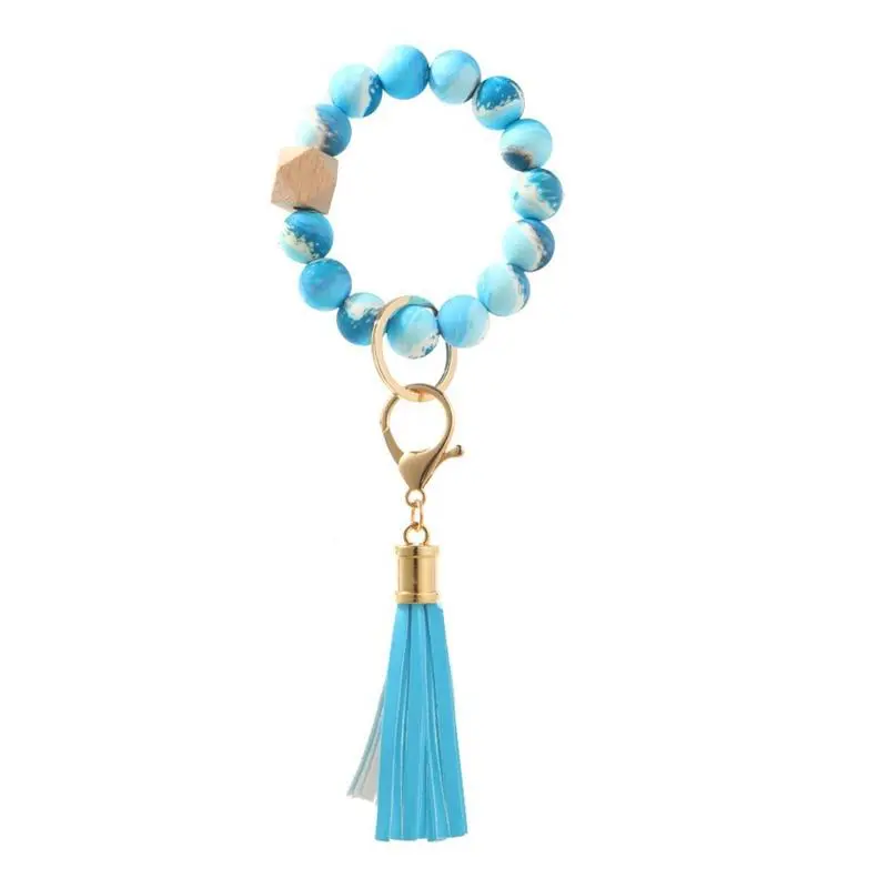 Blue Marble Keychain Bracelet Beaded Wristlet Silicone