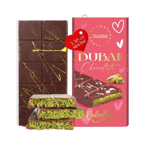 BeeMax Limited Valentine’s Pink Edition Dubai-Style Mini Chocolate Bar - 3.36 oz (Pack of 1) - Premium Milk Chocolate with Kadayif & Pistachios - Middle Eastern Indulgence - Valentine’s Day Gift - Imported from Turkey