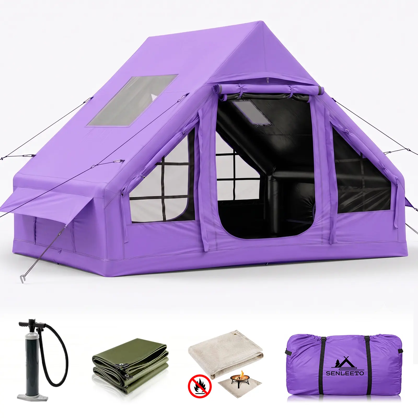SENLEETO Inflatable Camping  with Stove Jack & AC Port, 2-4 Person Luxury Glamping Air  with Pump, 99% Blackout Blow Up Cabin  (68 Sq Ft)