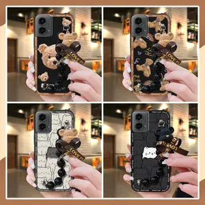 Back Cover Anti-knock Phone Case For MOTO G 5G 2024 cute silicone protective case soft case Simplicity Black pearl pendant Waterproof Bear bracelet phone case Skin-friendly feel