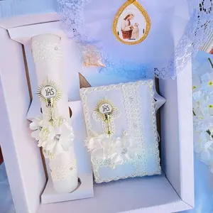 Ivory 4pcs First Communion Candle Set with Decorative Elements and  Ivory Candle in Box