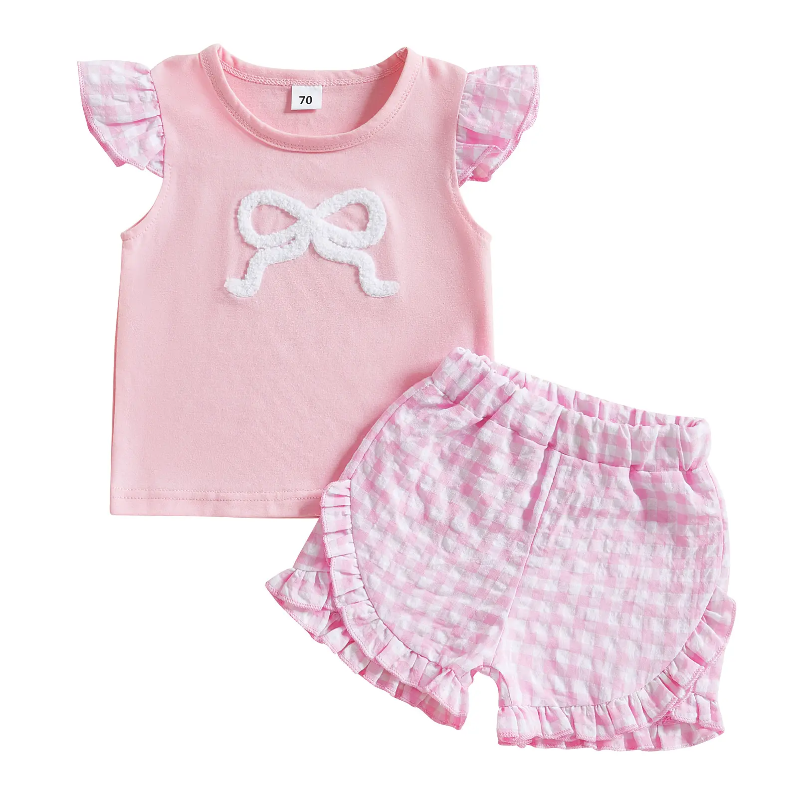 Toddler Baby Girl Summer Clothes Infant Bow Embroidery Plaid Shorts Set Cute Short Sleeve T Shirt 2 Piece Matching Clothing Bowknot Outfit