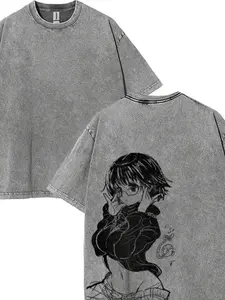 Shizuku Murasaki Casual Retro Washed T-Shirt Hoodie, Hunter x Hunter Anime Graphic Tee, Breathable Sweat-Absorbing Comfort Top, All-Season Streetwear, Machine Wash, Gift for Friends & Holidays 8XL