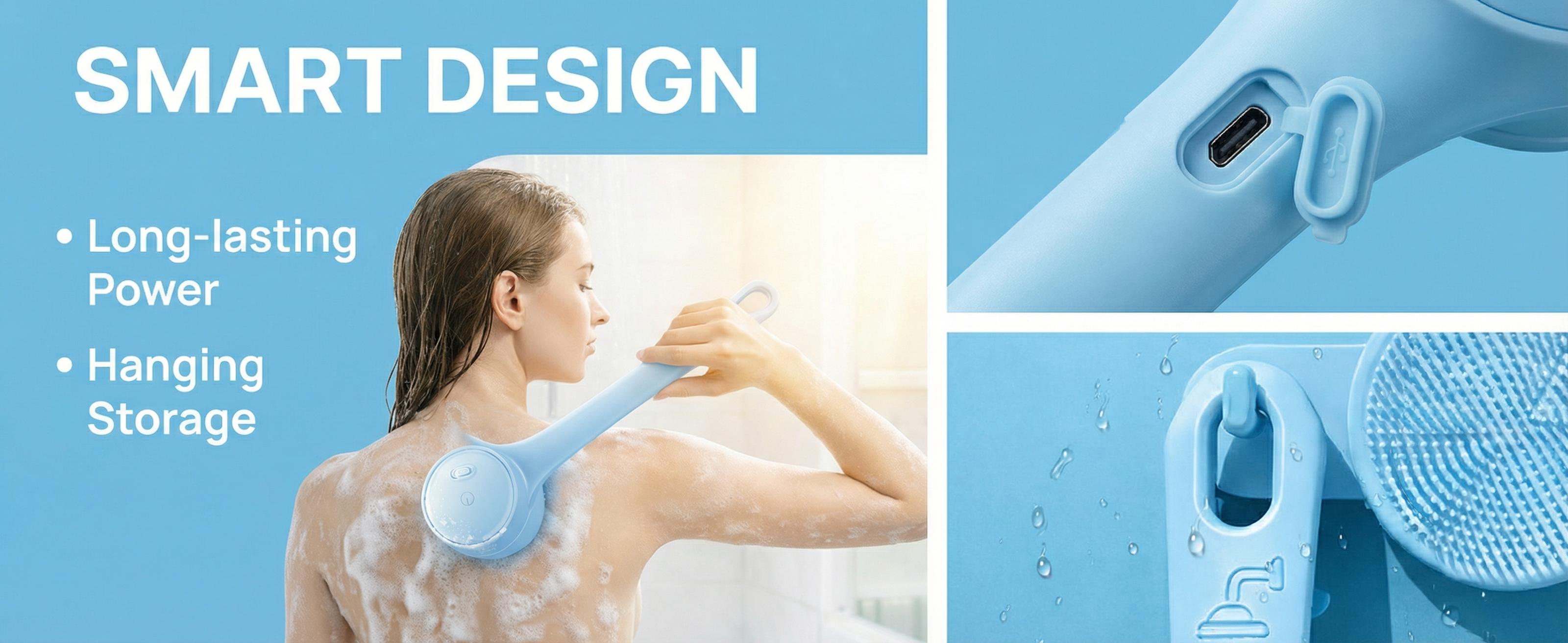 Rechargeable Electric Body Scrubber, Waterproof 360° Rotating Shower Brush with Dual Grip Handles, Full Body Bath Brush with 4 Detachable Heads for Deep Cleansing #SummerVibes