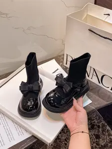 Girls' Spring 2026 Leather Boots with Bow Design, Elegant Mid-Calf Short Boots for Students, All Seasons PU Rubber Sole Shoes