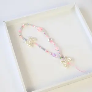 Colorful Slim String Coquette Bow Pearl Girlie Cute Phone Strap Phone Charm Shimmery Spring Summer Phone Accessories Beaded Charms Phone  Kindle Strap