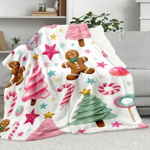Pink Gingerbread and Christmas Tree Design Cozy Flannel Christmas Blanket - Soft, Warm, Suitable For All Seasons For Sofa, Bed, Car, Office, Camping, And Travel - Festive Holiday Decoration Background, Travel Blanket