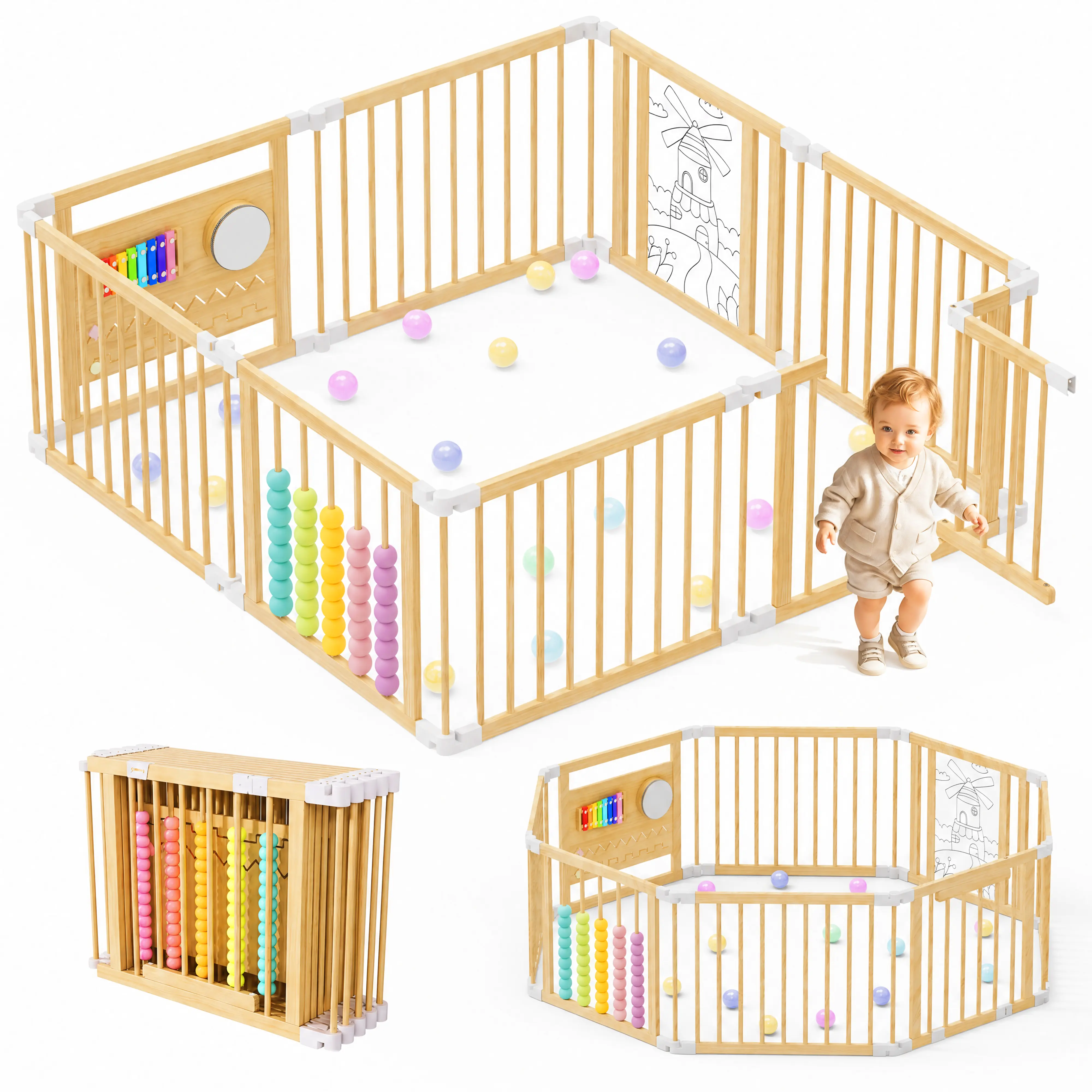 Lilypelle Natural Wooden Baby Playpen - Play Yard with Built-in Interactive Toy Panels, Foldable Shape-Changeable Kids Activity Center, CPC & CPSIA Certified Safety Toddler Gate, Nursery Essential with Counting Beads for Early Math Fun & Colorful Beads fa