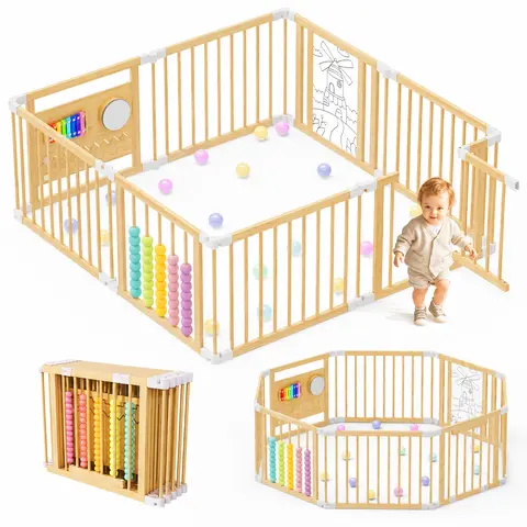 Lilypelle Natural Wooden Baby Playpen - Play Yard with Built-in Interactive Toy Panels, Foldable Shape-Changeable Kids Activity Center, CPC & CPSIA Certified Safety Toddler Gate, Nursery Essential with Counting Beads for Early Math Fun & Colorful Beads