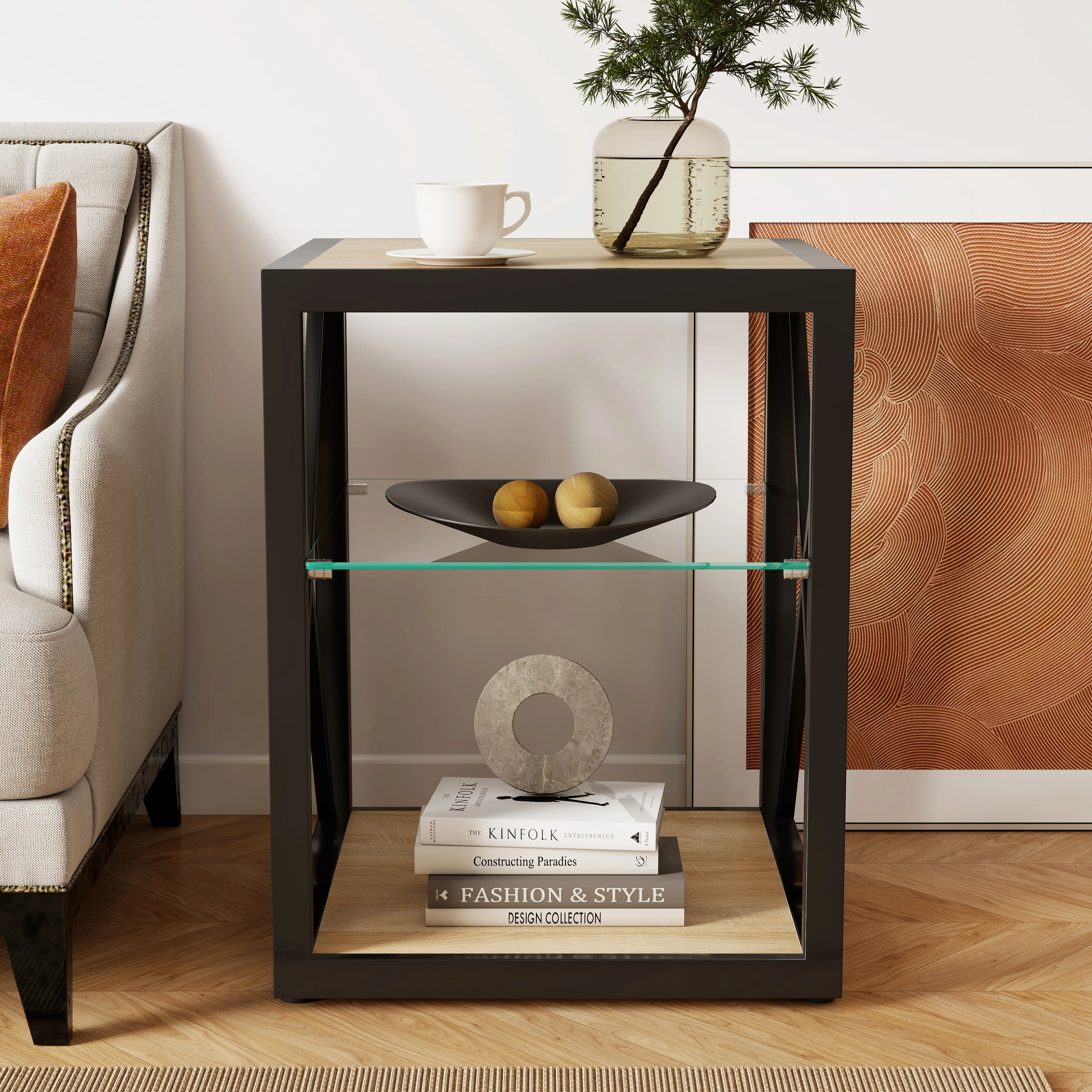 Compact Durable Metal Square X-Frame 3-Tier End Table Nightstand, Freestanding Indoor Furniture with Tempered Glass & Wood MDF Shelves for Living Room, Bedroom, Industrial