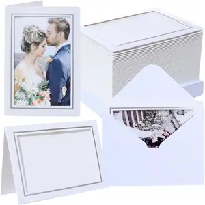 50 Count Photo Frame Cards with Envelopes 4x6 Paper Picture Frame Notecards Photo Card Holder and Envelopes Set for Thanksgiving Wedding Birthday Classroom DIY - White with Silver Lining