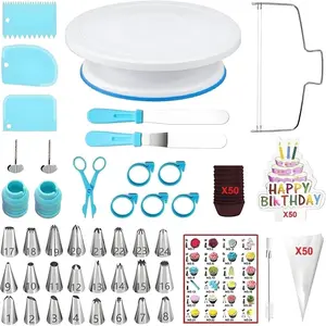 Cake Decorating Kit, 193 Pcs with Cake Turntable, Leveler, 24 Numbered Icing Tips, 2, 2 Couplers, 3 Scrapers, 50 Pastry Bags, 50 Paper Cupcake Liners & More Baking, (Blue)