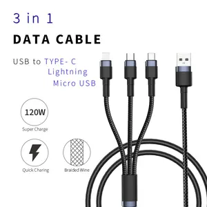 120W 3 in 1 Multi Charging Cable, 4ft Nylon Braided Universal Multiple USB Charger Cord with USB C, Lightning, Micro USB Connectors for Cell Phones, Smartphones, Tablets and More