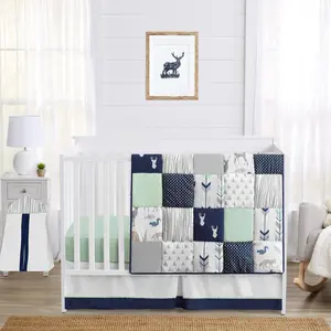 Sweet Jojo Designs Navy Blue Woodland Deer Boy Baby Crib Bedding Set for Infant Nursery Room quilt, fitted sheet, skirt, diaper stacker - 5pc - Mint Green and Grey Woodsy Forest Arrow