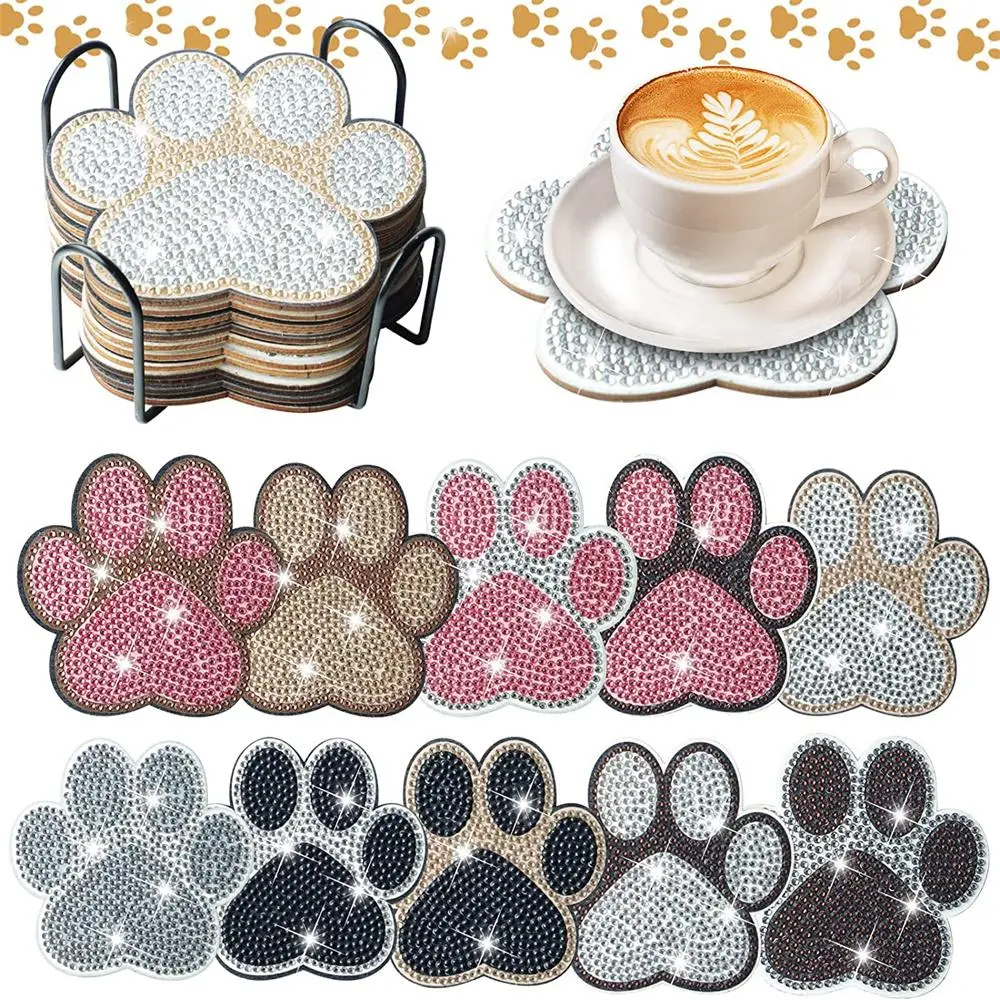 10 irregularly shaped dog claw patterned artificial diamond painted coasters DIY crystal diamond painted wooden table art Diamond Painting coasters with stand, suitable for adult office coffee MATS, family coasters, handicrafts, supplies, gifts