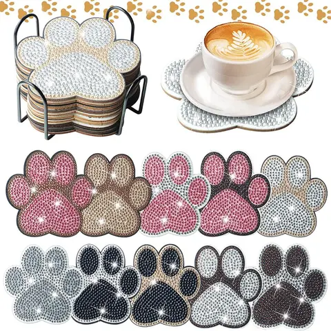 10 irregularly shaped dog claw patterned artificial diamond painted coasters DIY crystal diamond painted wooden table art Diamond Painting coasters with stand, suitable for adult office coffee MATS, family coasters, handicrafts, supplies, gifts