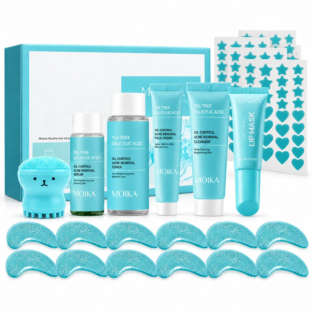 18-Piece Tea Tree & Salicylic Acid Skincare Set, Hydrating Oil-Control Facial Care Kit with Cleanser, Toner, Serum, Face Cream, Lip Mask, Eye Masks, Acne Patches & Silicone Cleansing Brush