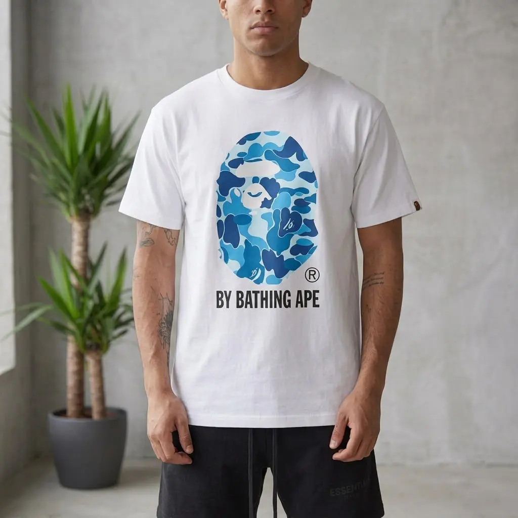 A BATHING APE Bathing Ape Blue Camo Ape Head White T-Shirt Graphic Streetwear Cotton Tee Men Women